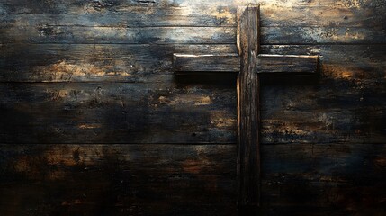 Wooden cross mounted on dark textured wall creating a somber and reflective atmosphere