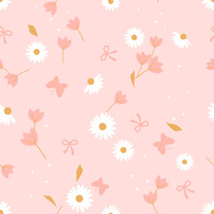 Seamless pattern with daisies, wildflower, butterflies and ribbon bows on pink background vector.