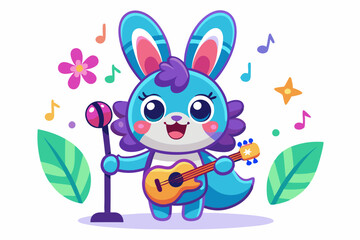 Cute Cartoon Rabbit Playing Guitar with Colorful Ears – Fun and Musical Animal Illustration