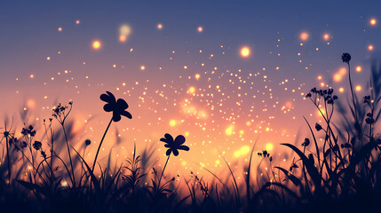 A serene landscape at dusk with flowers and glowing particles in the background.