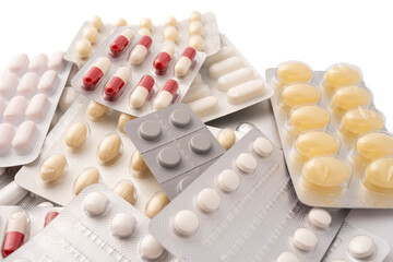 Gennevilliers, France - 01 07 2025: Still life. Close up of medicine blister packs stacked and...