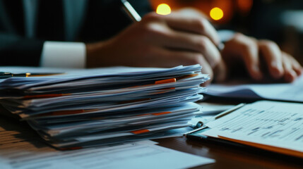 consultant reviews financial documents and charts, showcasing busy workspace