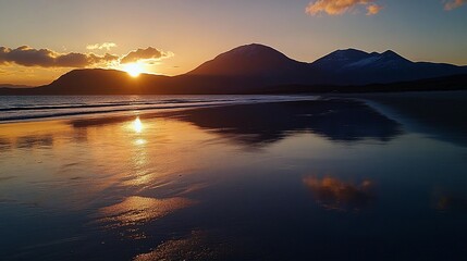 Obraz premium Sunset over a calm beach with mountain reflections in the water.