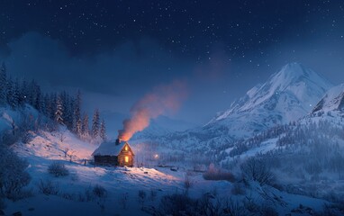 Fototapeta premium A remote cabin nestled in a snowy mountain valley, smoke rising from the chimney under a starry sky