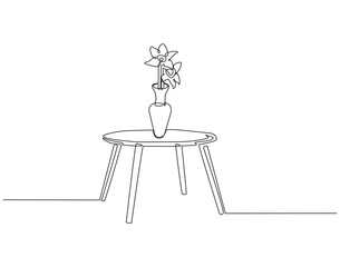 Continuous one line drawing of flower vase on the table. One line drawing illustration of flower vase with table. Interior room concept single line. Editable outline