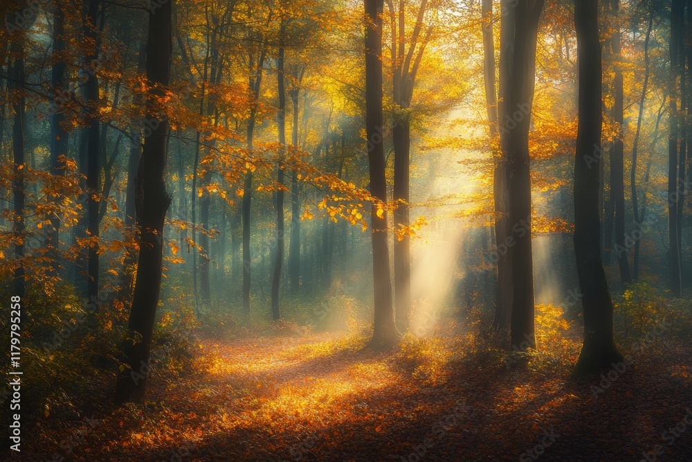 Aufkleber enchanting autumn forest with sunlight filtering through trees and glowing leaves, creating a tranqu