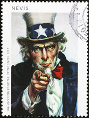 American recruitment poster for World War I on postage stamp