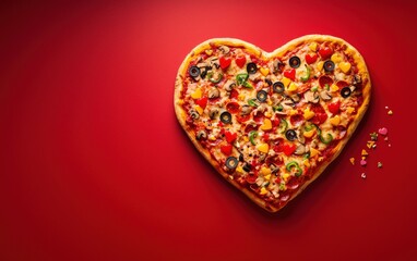 Fototapeta premium A heart-shaped pizza with colorful toppings floating mid-air on a bright red background for valentines day