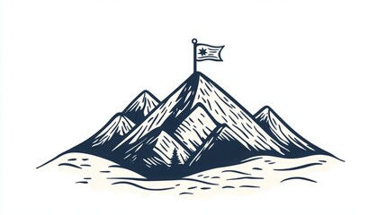 A majestic mountain range with a flag atop the highest peak, symbolizing achievement and exploration.