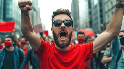 Passionate protester in a red shirt shouting and raising a fist in a crowd, symbolizing anger and determination during a social rally