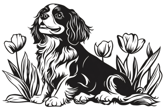 Cavalier King Charles Spaniel Surrounded by Tulips Illustration
