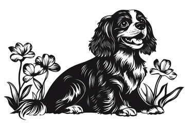 Cavalier King Charles Spaniel Surrounded by Tulips Illustration