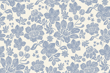Vintage floral ethnic tapestry modern embroidery texture boho design vector illustration hand drawn silhouette indigo blue flower motif branches leaves wallpaper seamless background border.