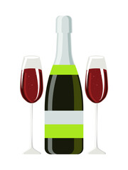Bottle of wine and two glasses of red sparkling wine isolated on white background. Vector.