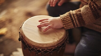 A child&acirc;&euro;&trade;s hand tapping the drumhead of a minimalist wooden drum