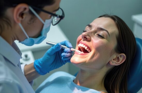 A woman is currently undergoing a thorough dental examination by her dentist