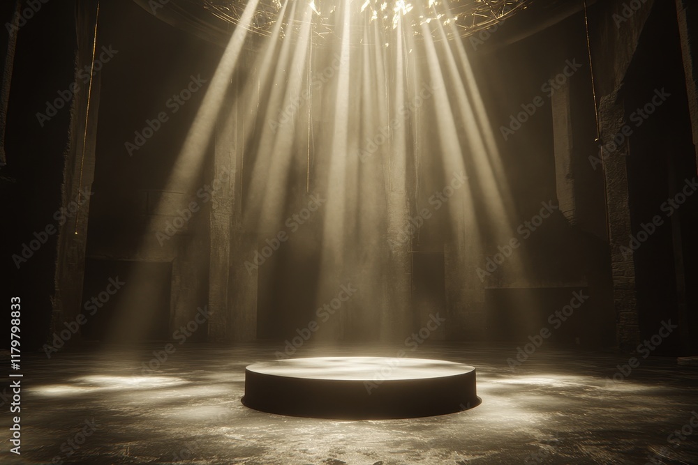 Poster ethereal light beams shine through an empty dark space, illuminating a central platform surrounded b