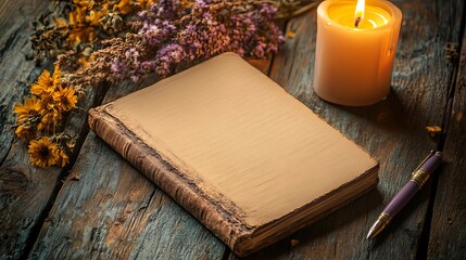 Fototapeta premium Vintage Book, Candle, and Flowers on Rustic Wooden Table