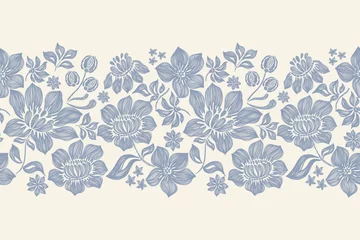 Printed kitchen splashbacks Vintage floral ethnic tapestry modern embroidery texture boho design vector illustration hand drawn silhouette indigo blue flower motif branches leaves wallpaper seamless background border.