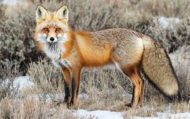 Fototapeta premium A curious red fox standing in a snowy meadow with soft light highlighting its thick fur
