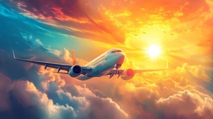 Airplane in flight at sunset. Warm colors and dramatic clouds fill the sky.