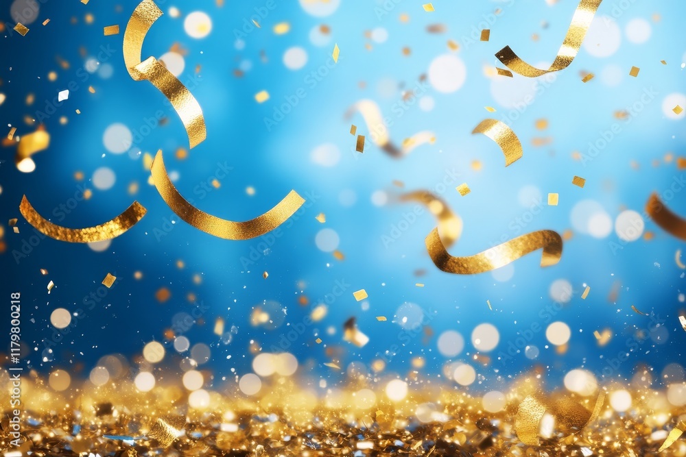 Poster festive celebration with shimmering gold confetti and bokeh background creating an uplifting atmosph