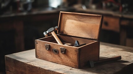 A wooden toolbox with small tools, including a hammer and screwdriver, placed on a table