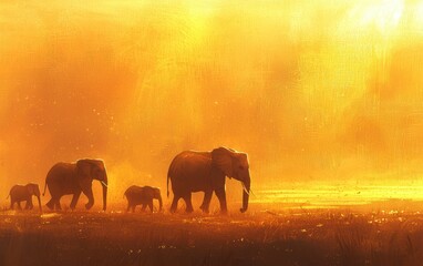 Fototapeta premium A family of elephants crossing a dusty savannah with a warm golden glow in the background