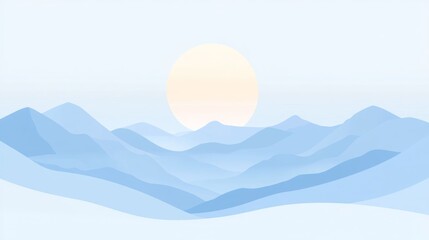 Serene minimalist landscape of pastel blue mountains under a soft yellow sun.