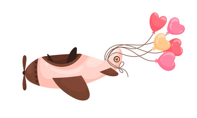 A cute cartoon airplane flying with heart-shaped balloons in pink, red, and yellow. Perfect for Valentine's Day, love, romance, and festive holiday designs. Playful and charming illustration