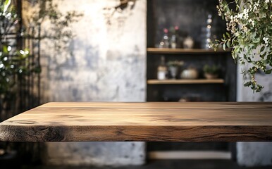 Empty, beautiful wooden tabletop counter in a clean and bright beach interior summer background