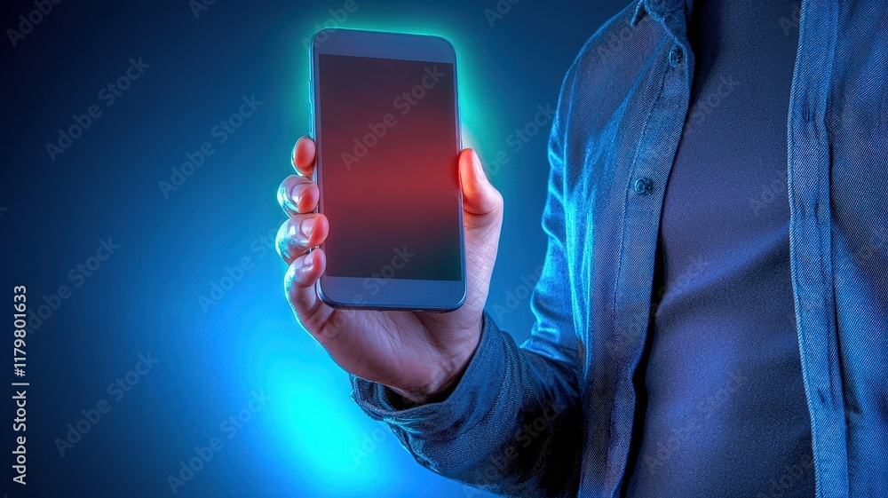 Poster a person holds a smartphone displaying a warning message about a scam, emphasizing the importance of