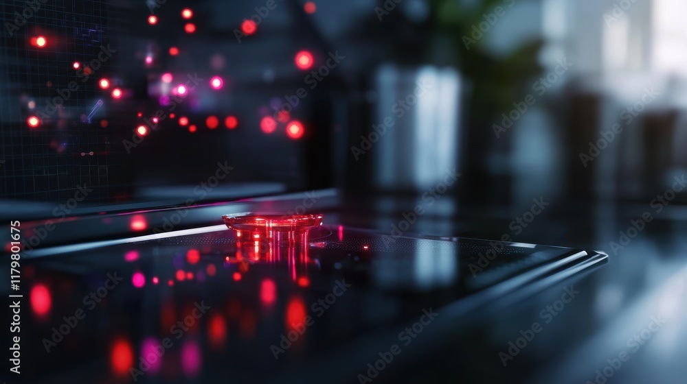 Poster a modern tablet illuminated by a soft red light resting on a minimalist surface creating a futuristi
