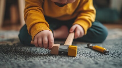 A child playing with a wooden mini hammer and screwdriver on a smooth surface