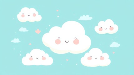 Happy clouds float in a pastel sky.  A cheerful illustration.