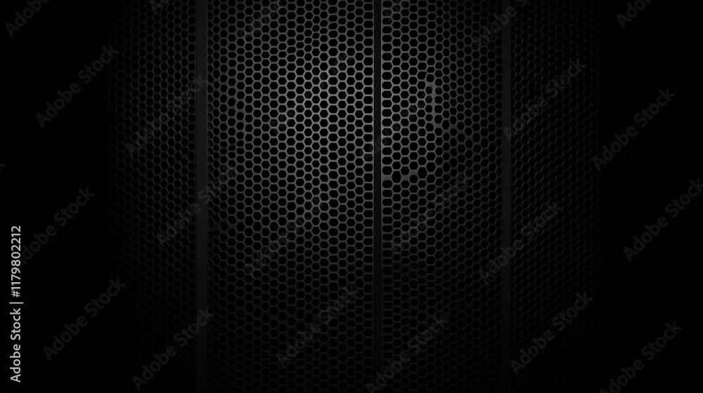 Poster metallic background with perforation of round holes. dark metal hexagon mesh pattern background text