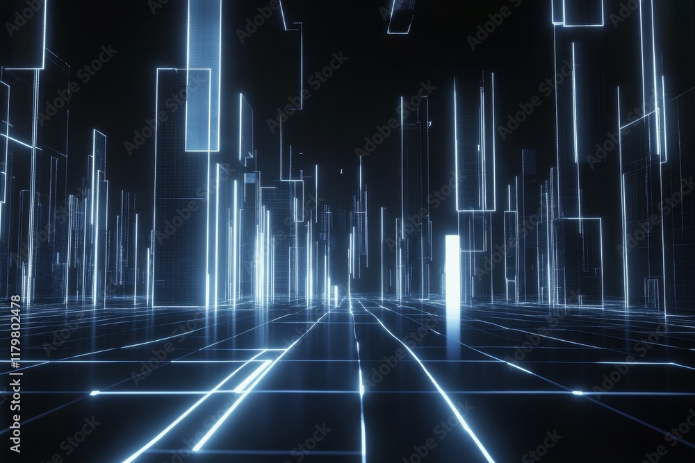 Aufkleber futuristic abstract cityscape with glowing vertical structures and light trails in a dark environmen