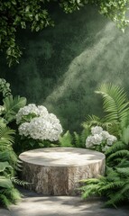 A natural stone podium surrounded by vibrant green plants, white hydrangeas, and ferns, soft sunlight casting shadows on a muted green background
