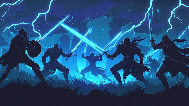 A dramatic battle scene with warriors wielding glowing swords amidst a stormy backdrop.