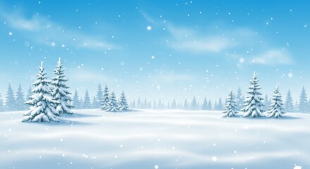 Fototapeta premium Winter wonderland background, snow with trees and snowflakes, snowing blue sky, cold air december, january