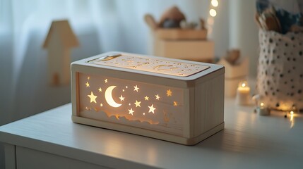 A softly lit music box with star and moon designs on a white wooden table