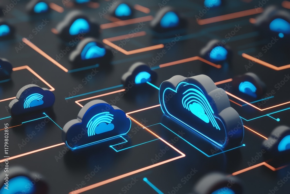 Poster futuristic cloud technology with vibrant glow and connections on a dark background representing digi