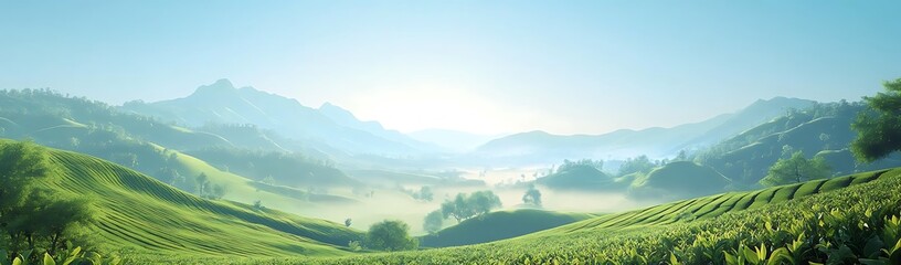 Naklejka premium Green tea fields, sunshine, mountains in the background