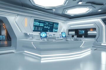 Obraz premium Futuristic Control Room with Advanced Technology and Sleek Design, Featuring Multiple Screens and a Minimalist Aesthetic Ideal for Sci-Fi and Tech-themed Projects