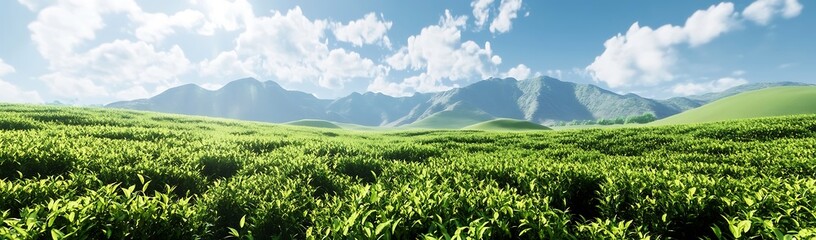 Fototapeta premium Green tea fields, sunshine, mountains in the background