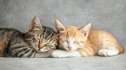 Two adorable kittens, one tabby and one orange, peacefully sleeping side by side on a soft surface.