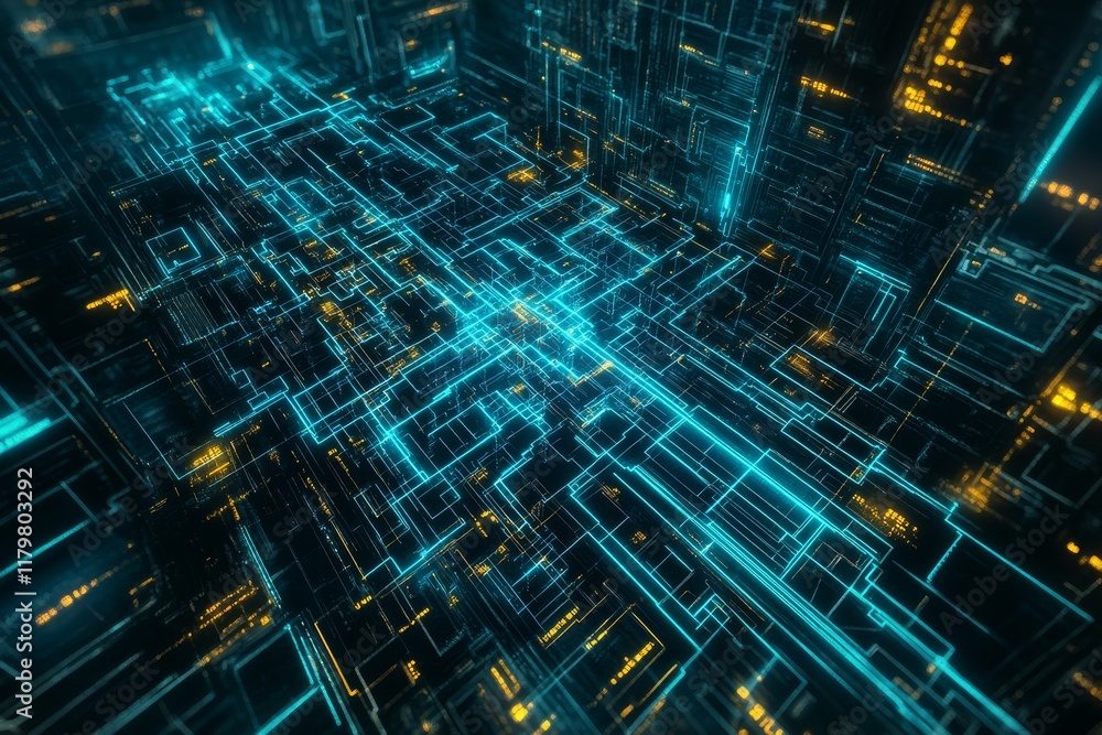 Poster futuristic digital cityscape with neon blue and yellow lines creating a complex network of technolog