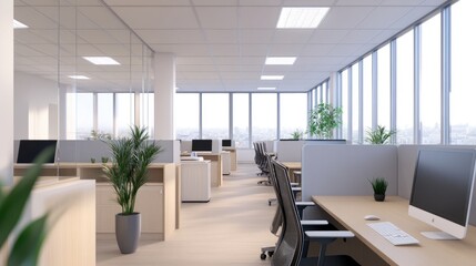 Modern, bright office space with large windows, desks, chairs, and plants.