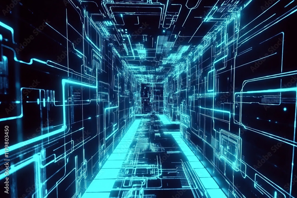 Poster futuristic digital corridor with glowing lines and abstract patterns in a high-tech environment, rep