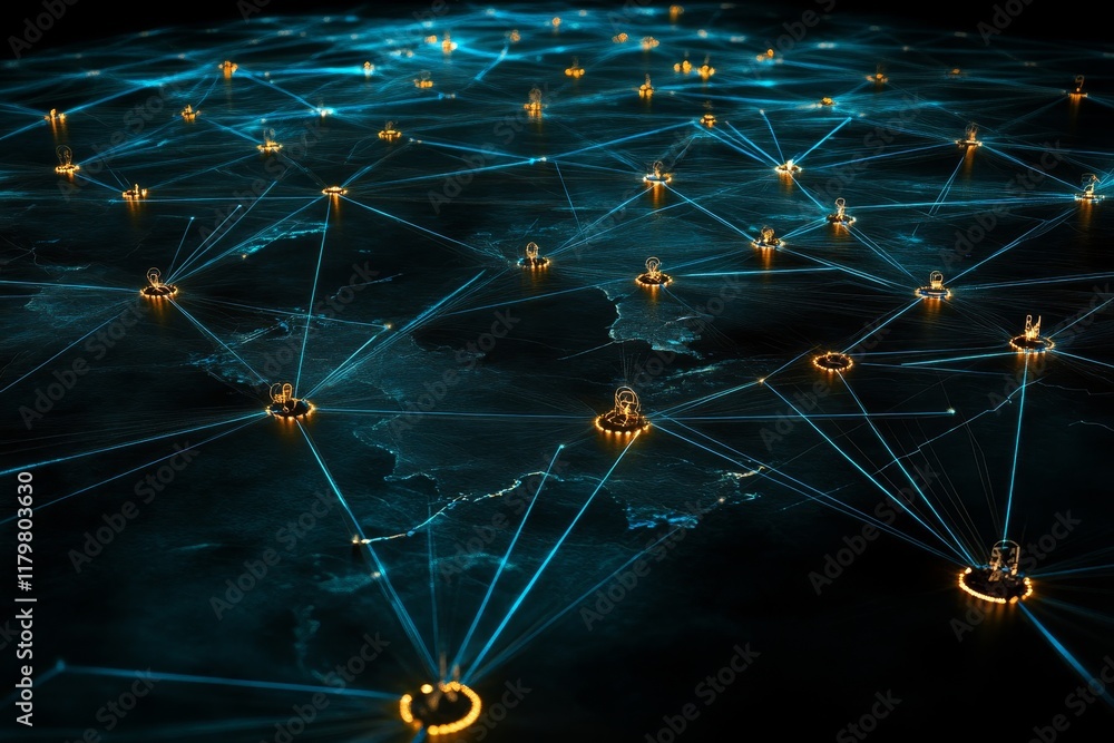 Aufkleber futuristic digital network connectivity with global nodes and illuminated connections depicting data